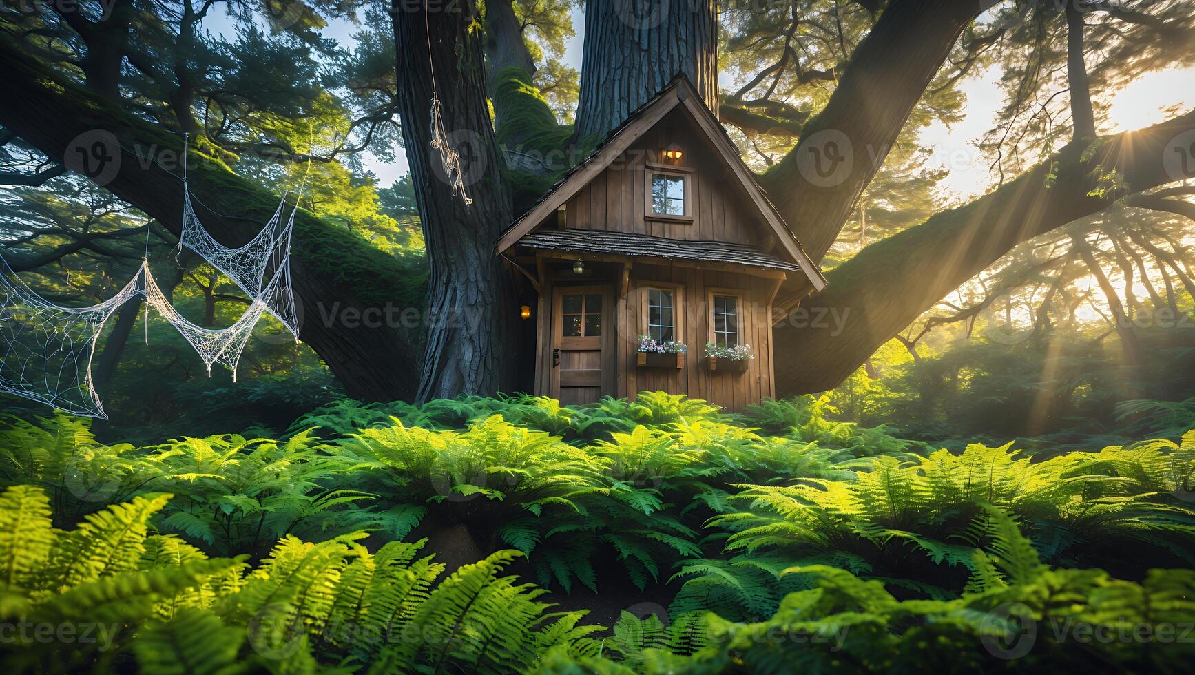 Charming Treehouse in Forest Surrounded by Ferns with Bright Sunbeams photo