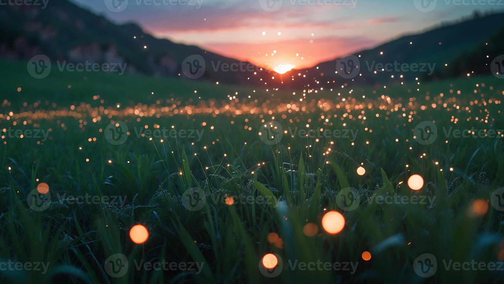 Glowing Lights Over Grassy Field at Sunset with Mountain Backdrop photo