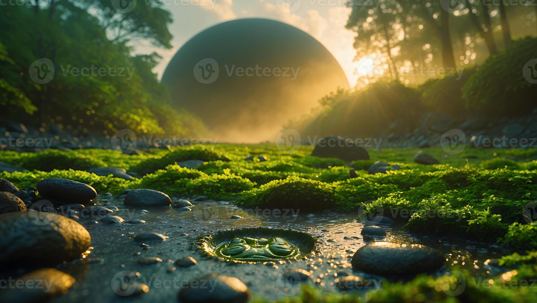 Mysterious Sphere in Lush Forest with Rocks and Moss at Sunset photo