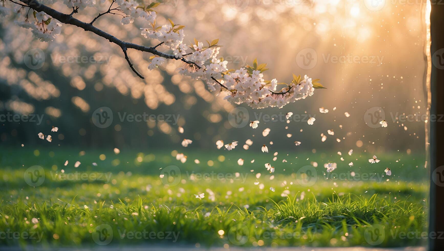 Cherry Blossom Branch with Falling Petals Over Green Grassy Lawn photo