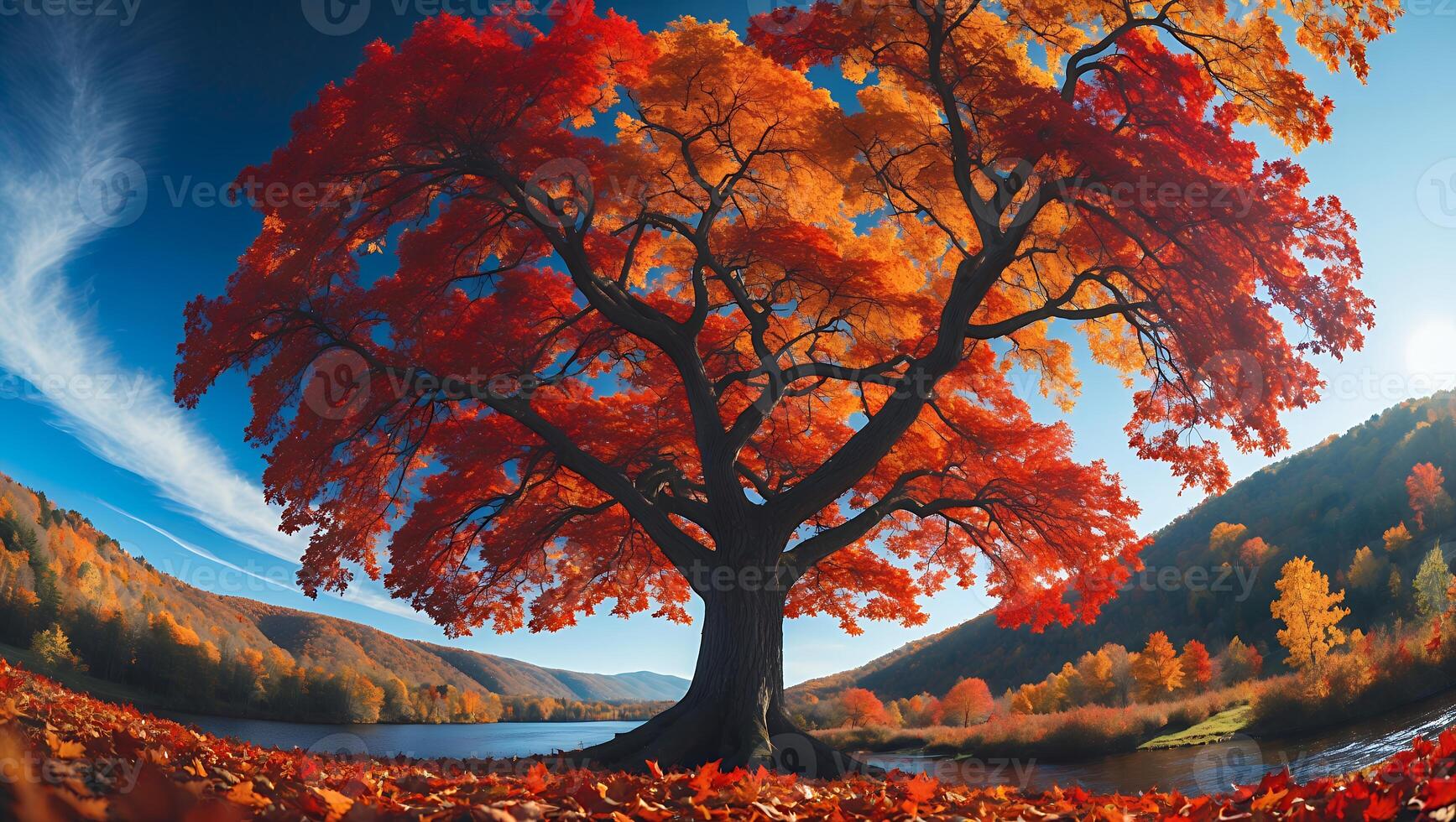 Majestic Tree with Autumn Colors Overlooking Serene Lake in Fall photo