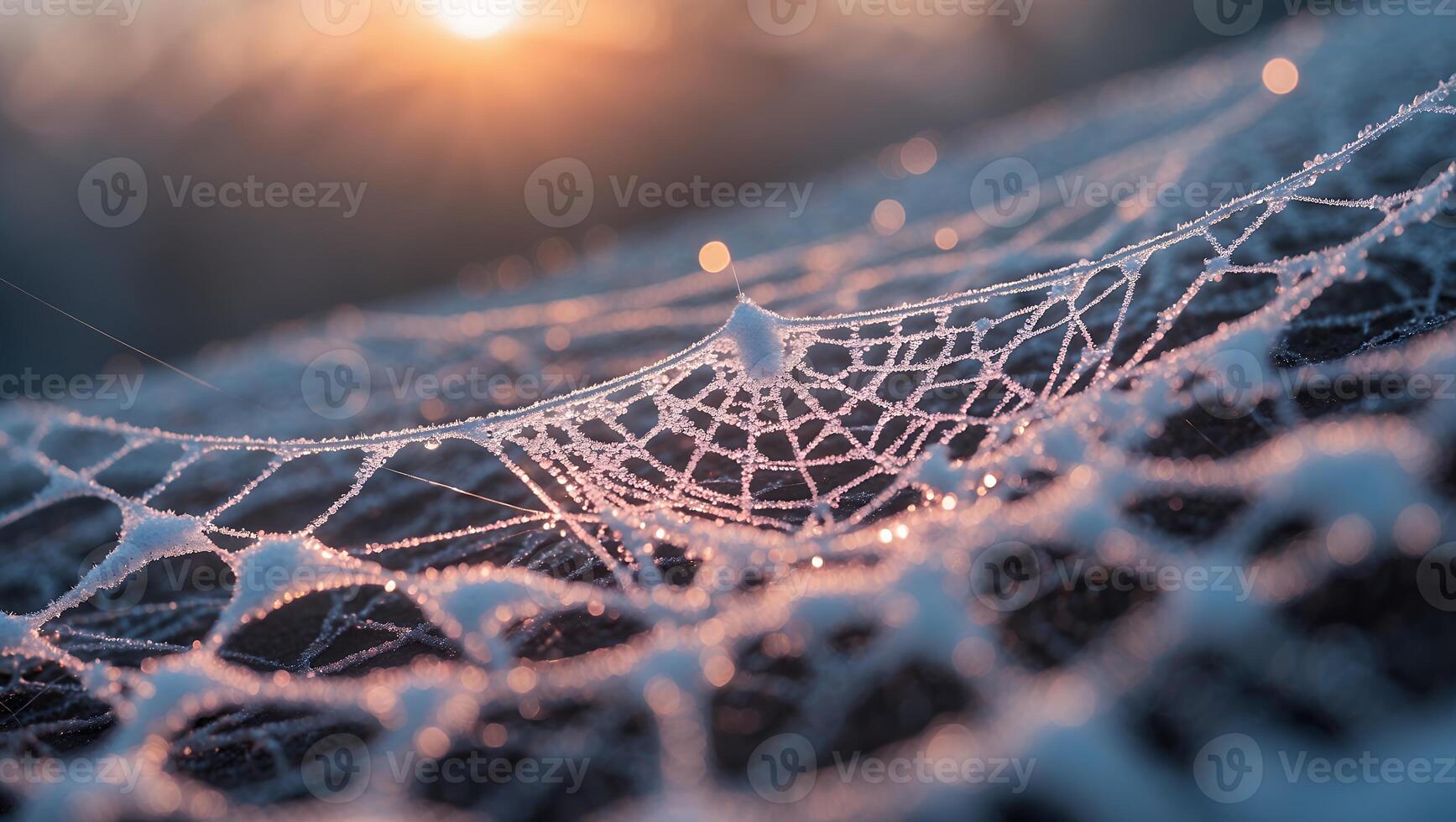Frost Covered Spiderweb at Sunrise with Dew Drops and Winter Light photo
