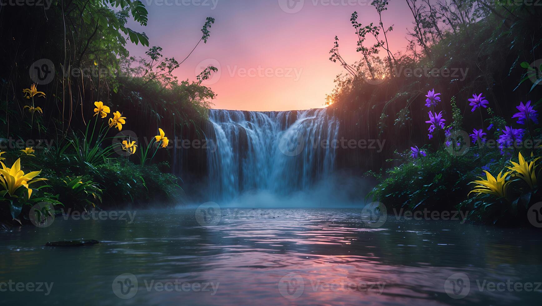 Waterfall Flowing Into Calm Lake with Flowers and Colorful Sunset photo