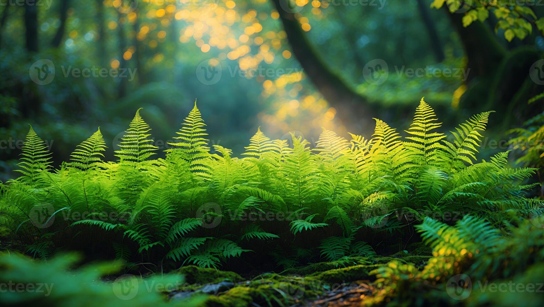 Lush Green Ferns in Forest Glow with Sunlit Bokeh photo