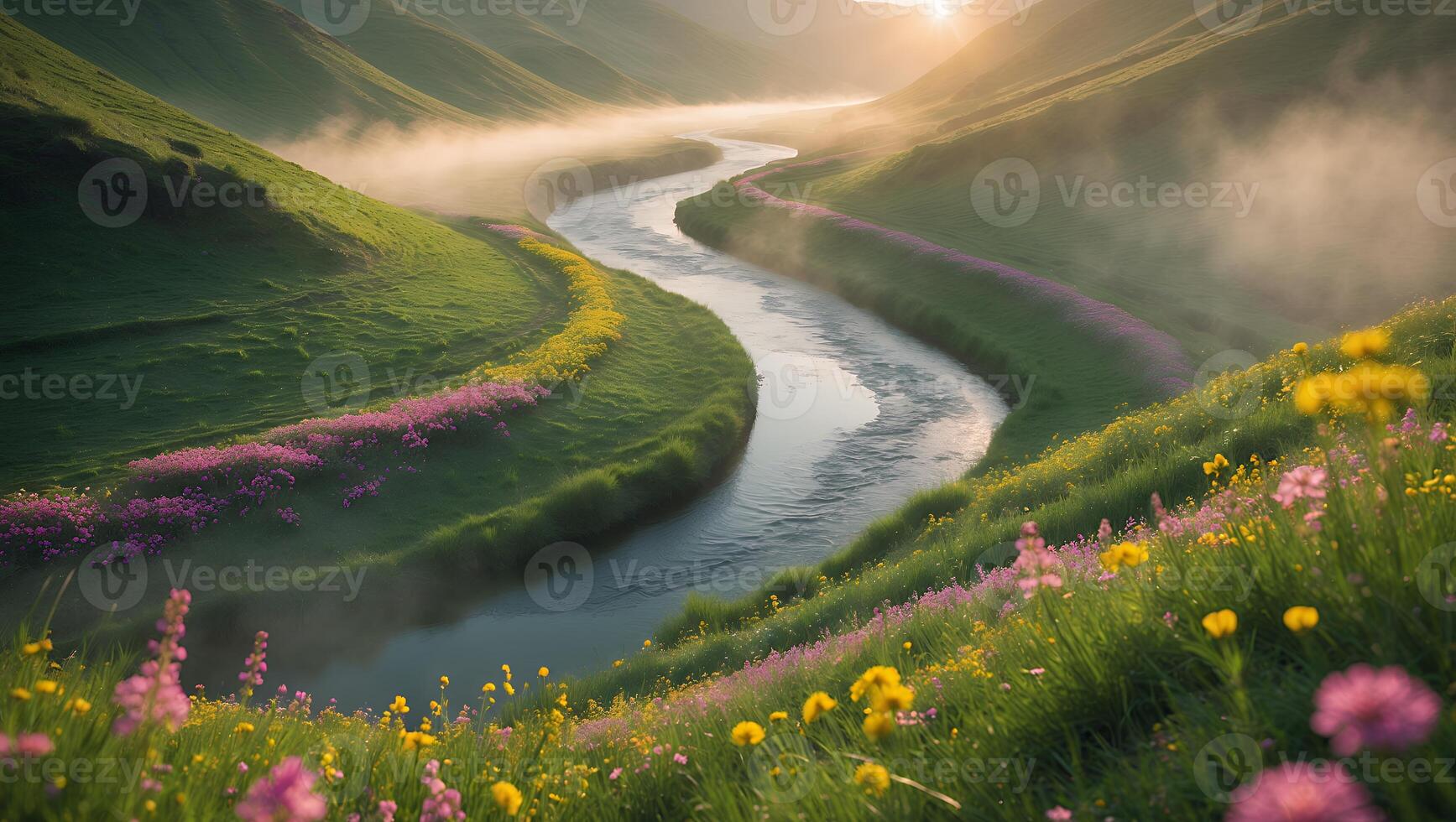 Scenic River Flowing Through Green Valley with Colorful Wildflowers Landscape photo