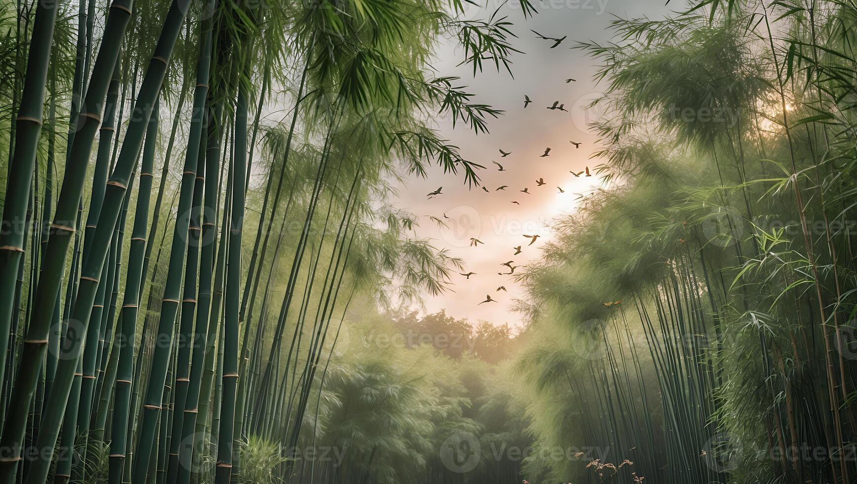 Walking Through Lush Bamboo Forest with Birds Flying Towards Light photo