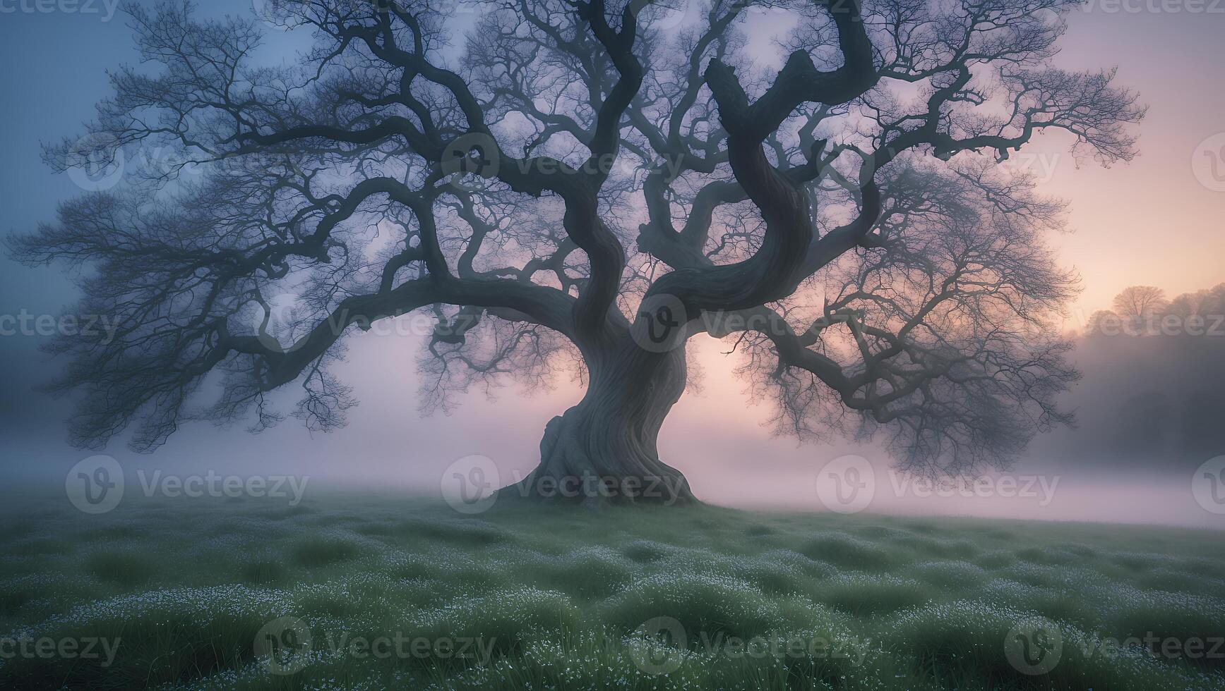 Majestic Old Tree Standing Tall in a Misty Grassy Field photo