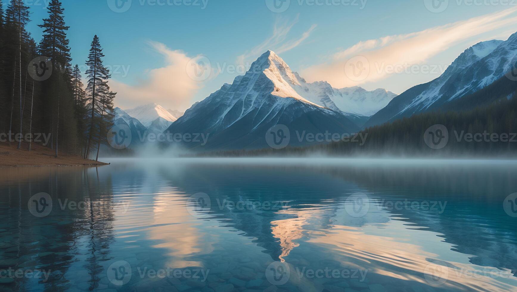 Lake Reflection of Mountain with Forest and Mist in Peaceful Morning photo