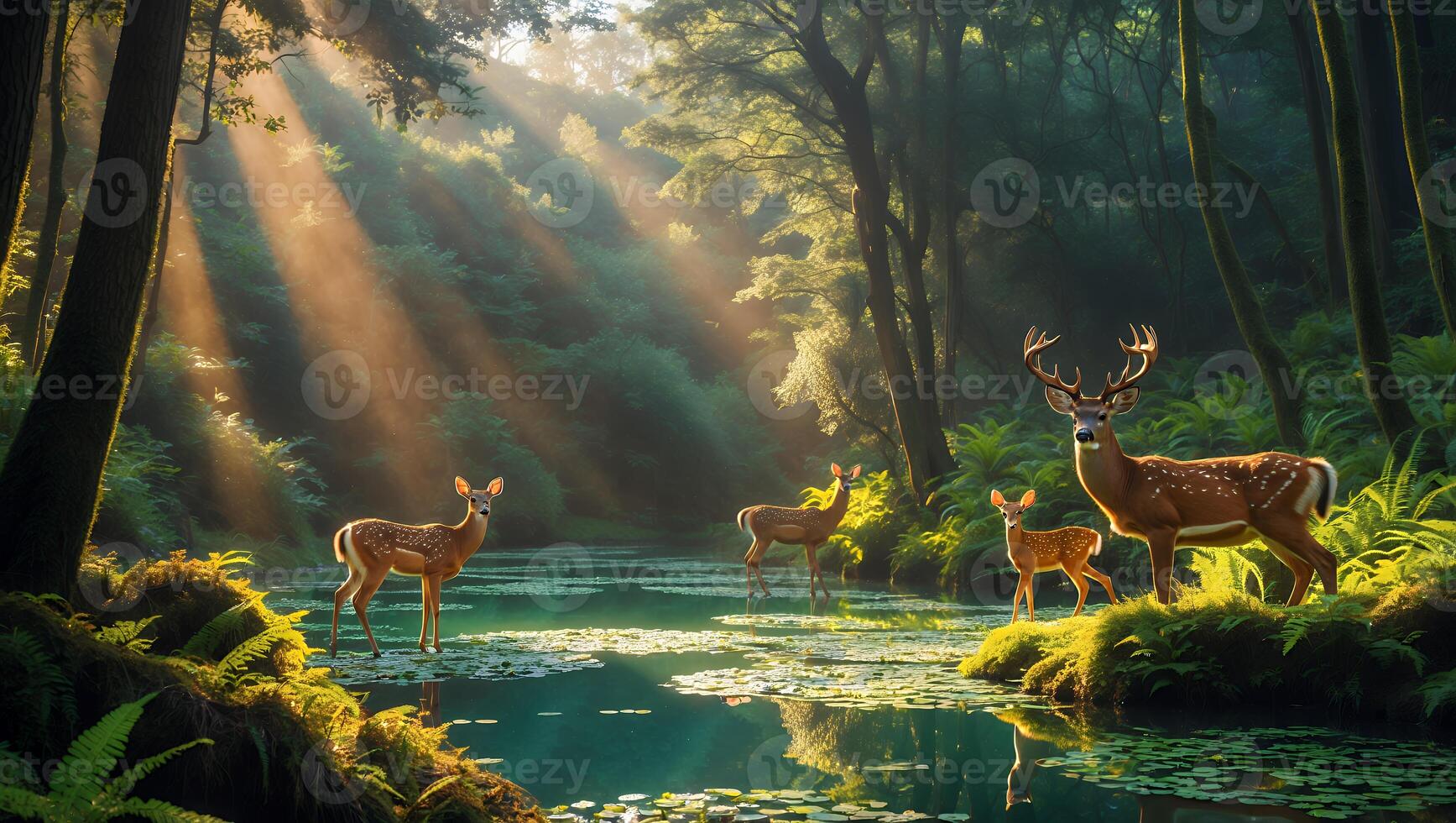 Deer Family Standing Near a Serene Pond in a Forest with Sunlight photo