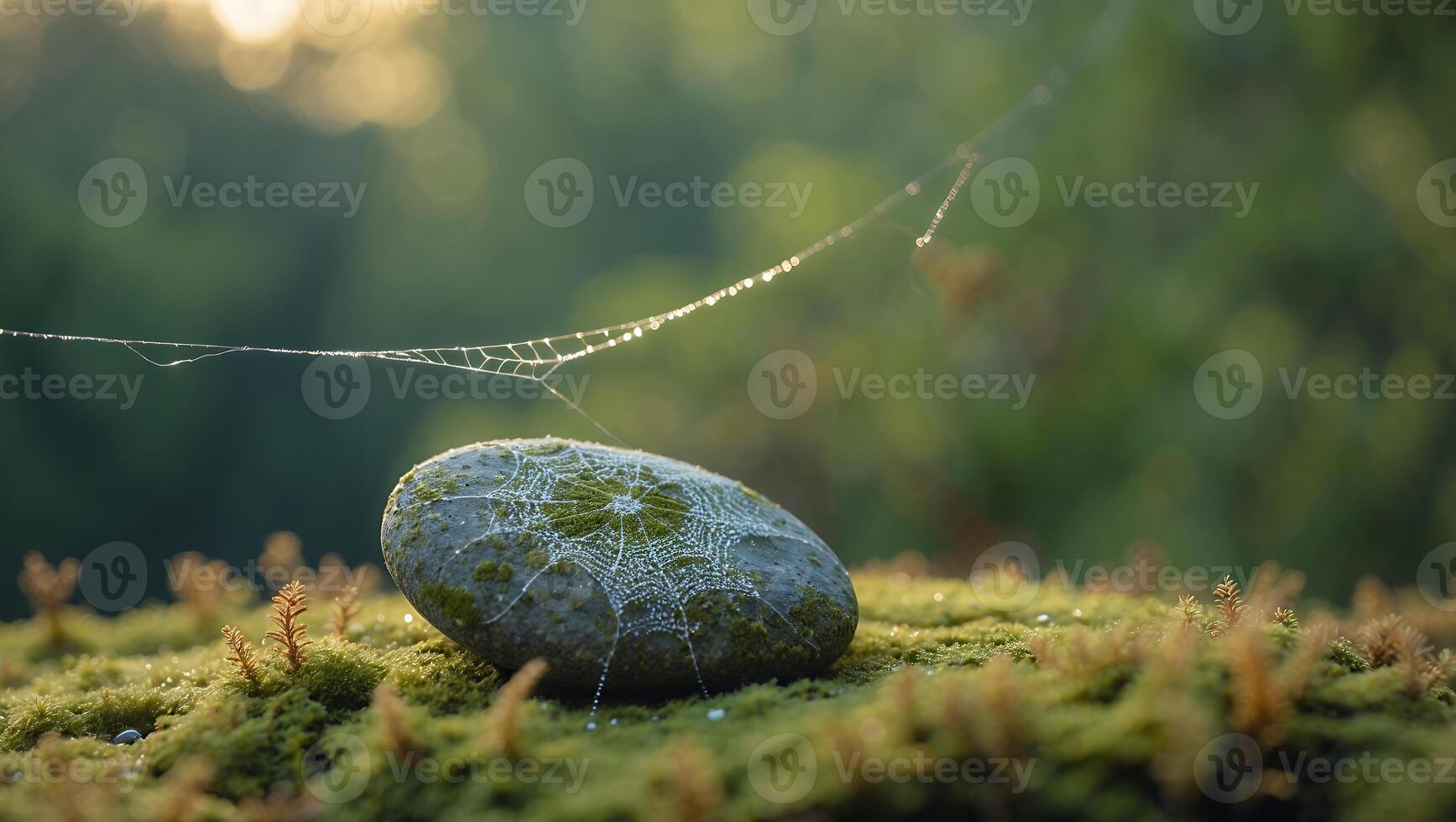 Stone Covered with Spiderweb and Dewdrops Resting on Green Moss photo