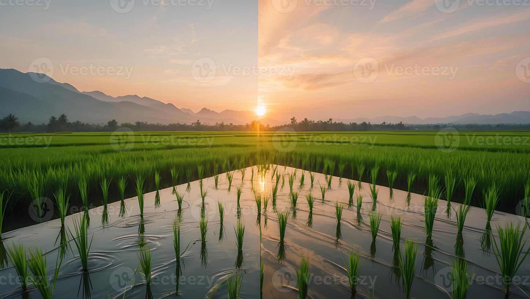 Rice Field at Sunset with Water Reflection and Mountain View photo