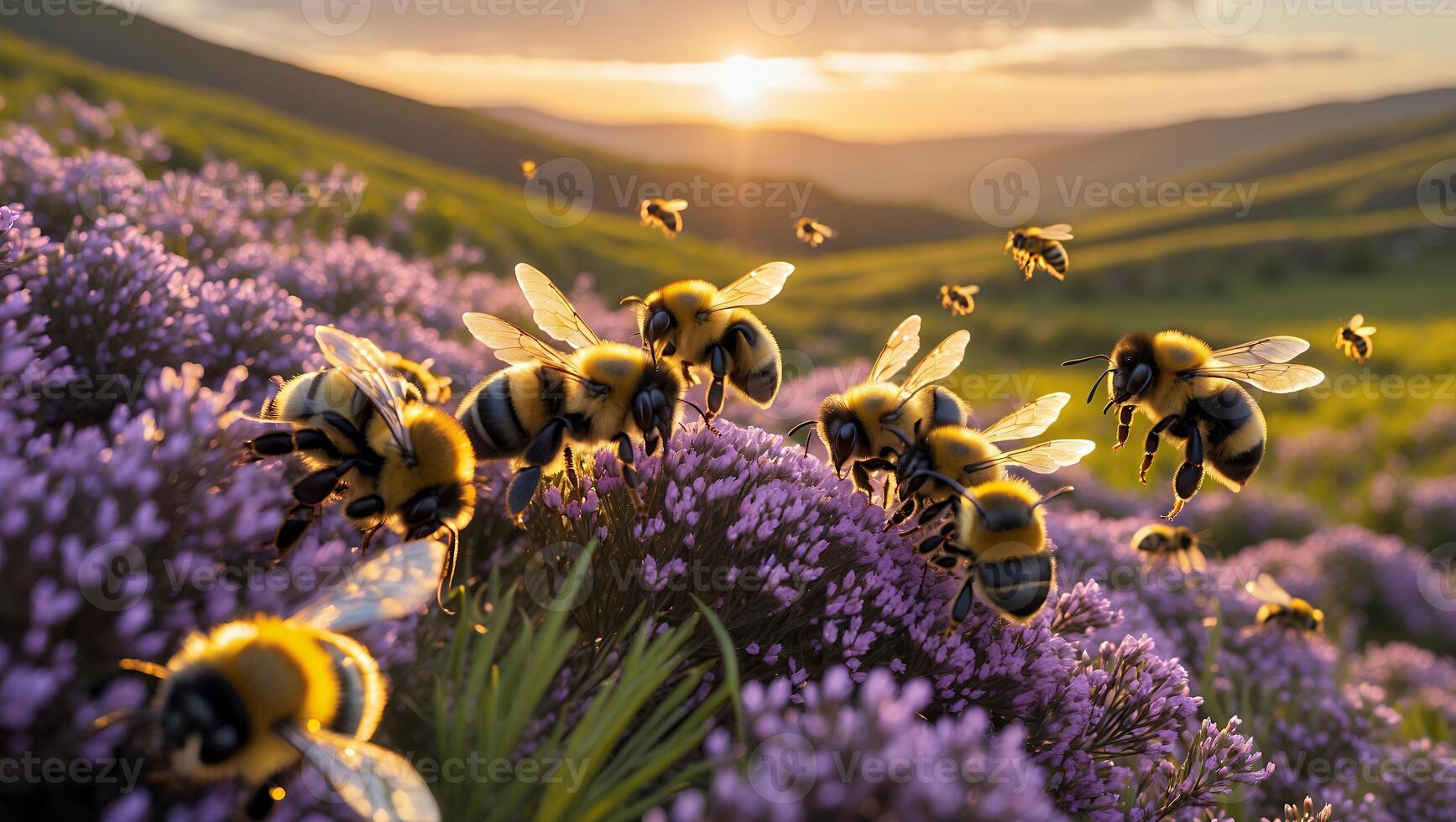 Bees Foraging on Lavender Field at Golden Hour with Distant Hills photo