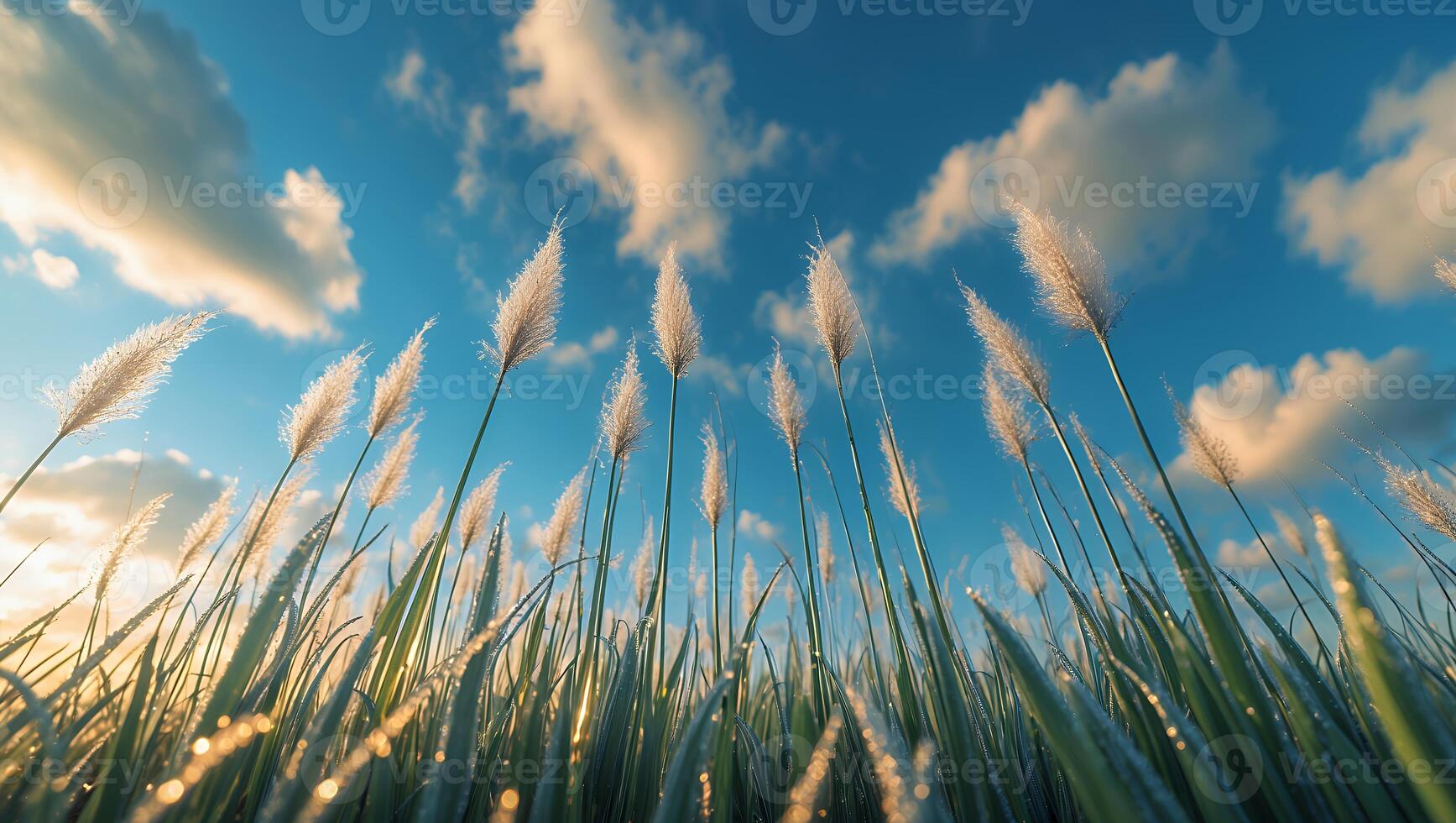 Tall Grass Reaching Skyward with Fluffy Tops on a Sunny Day photo