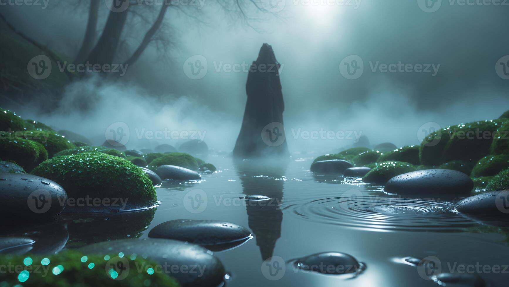 Figure Standing in Water Surrounded by Mossy Rocks in Fog photo