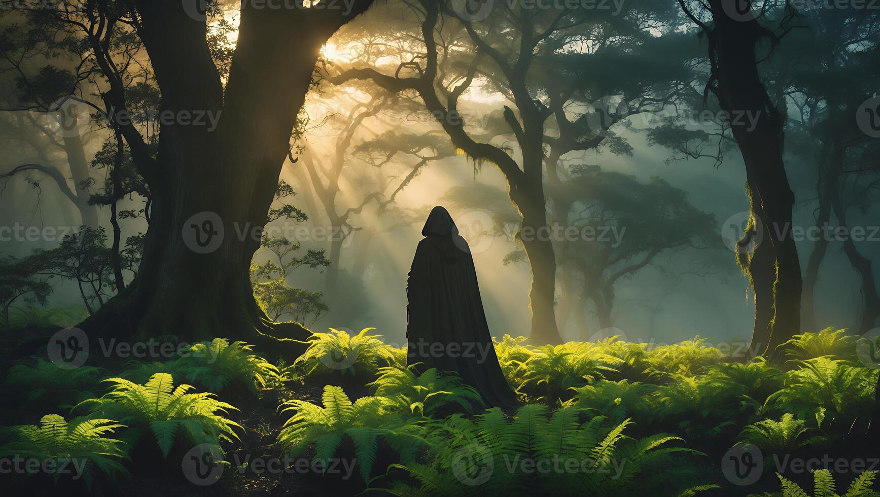 Person in Cloak Standing Mysteriously in a Fern-filled Forest photo