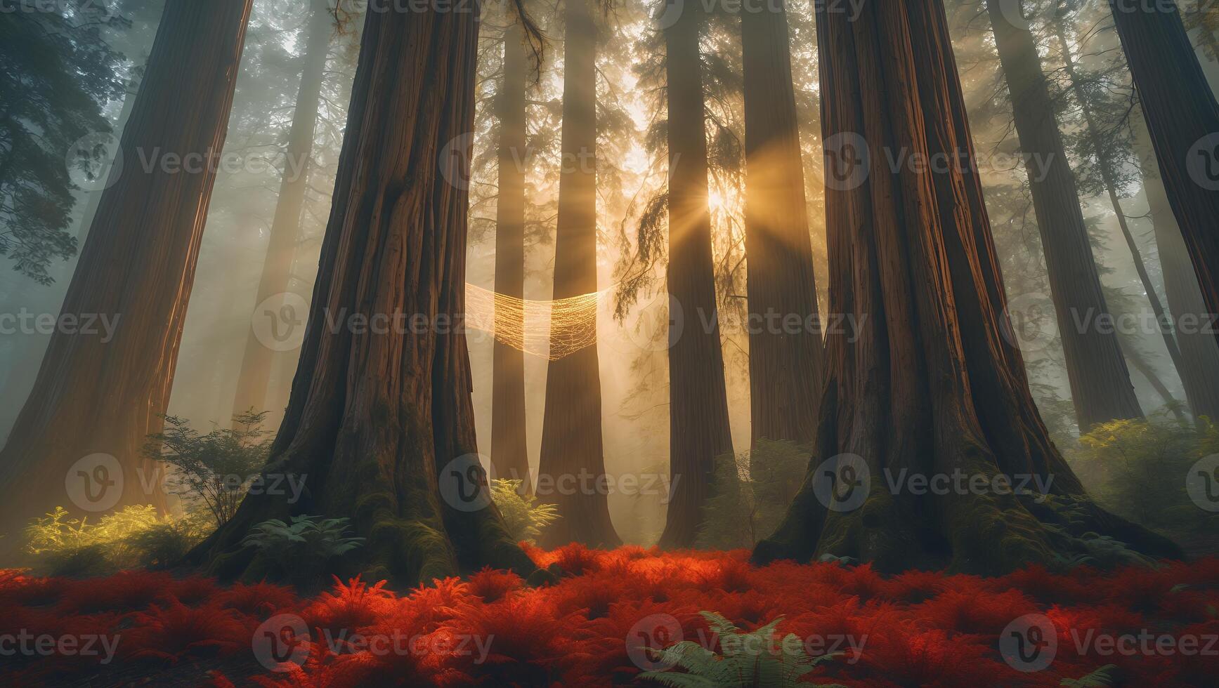 Majestic Redwood Forest with Morning Sunlight and Red Ground Cover photo