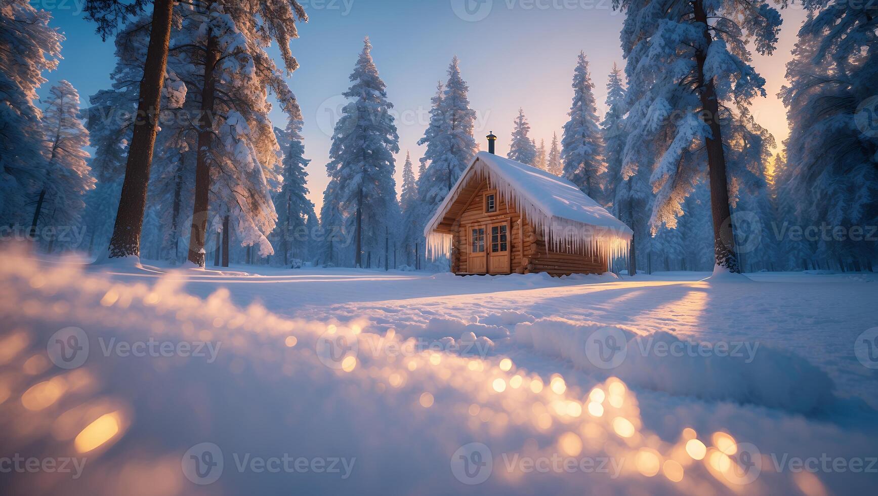 Cabin in Snowy Forest on a Winter Day with Sparkling Snow photo