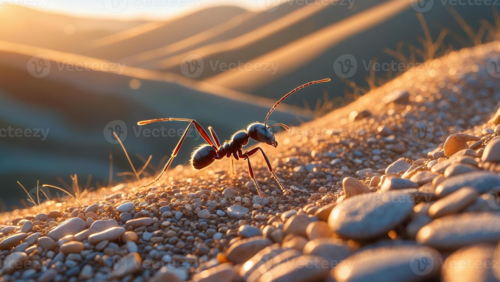 Ant Walking on Rocky Ground with Desert Hills in Background photo