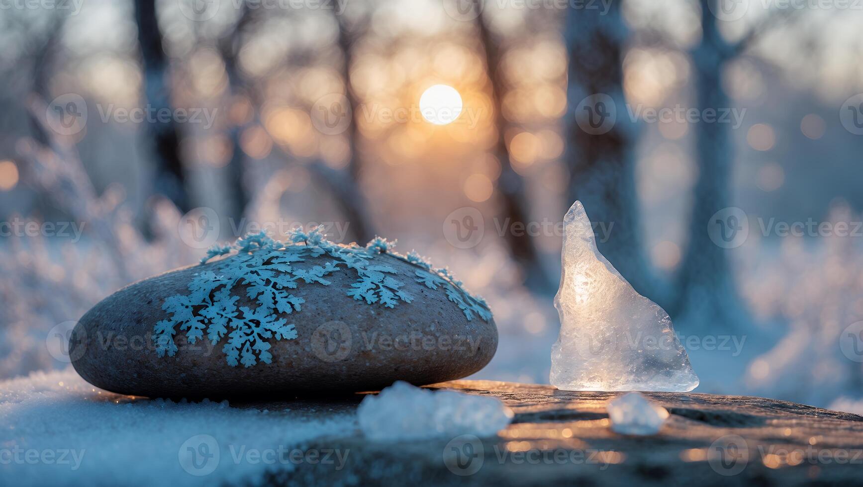 Stone and Ice Composition in Winter Sunrise Creates Serene Nature Scene photo