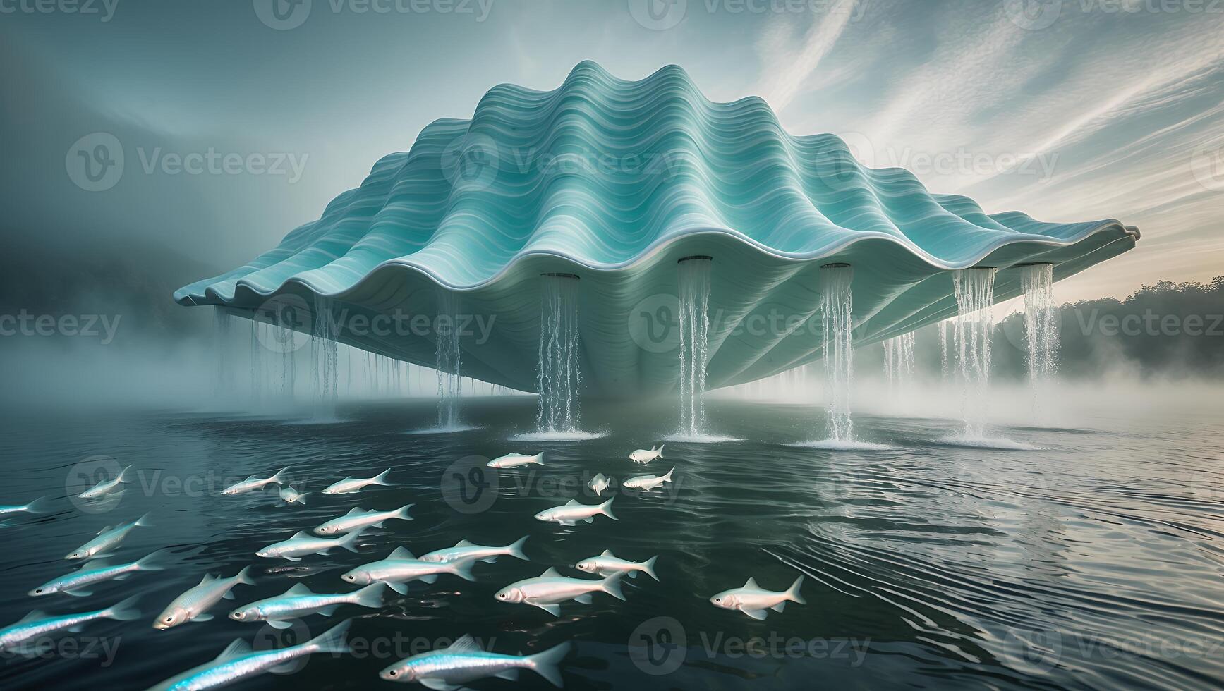 Unique Architecture with Flowing Water and School of Fish in Lake photo