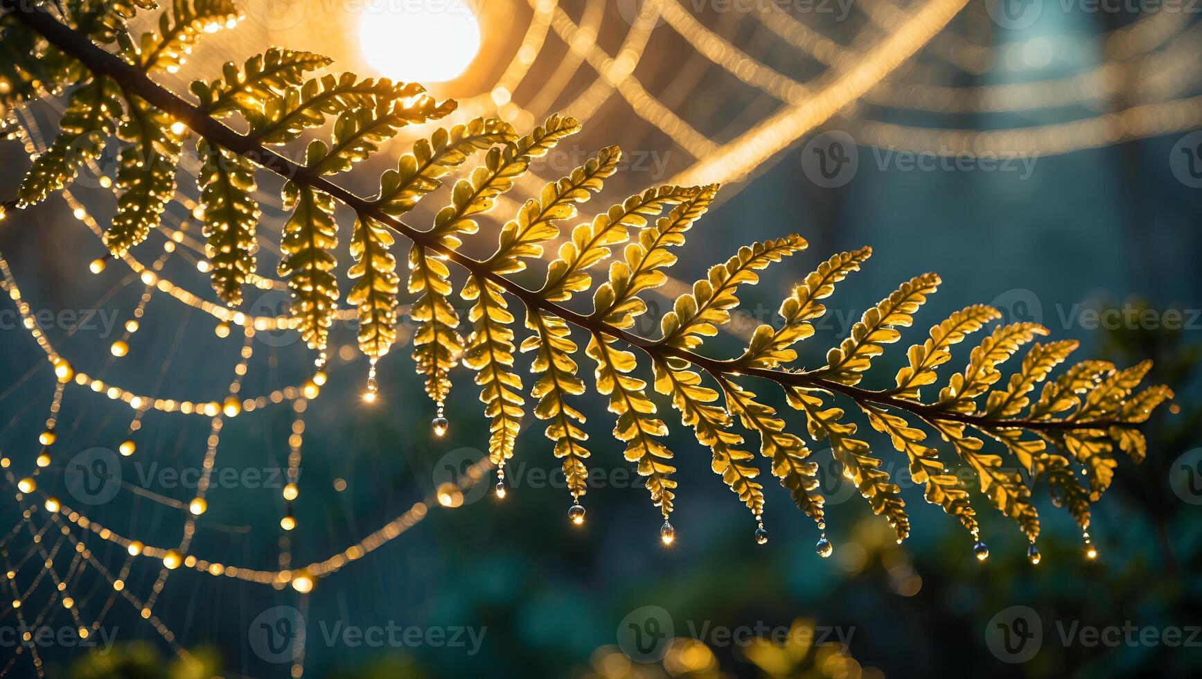Fern Leaf with Dewdrops on Spiderweb in Golden Light photo