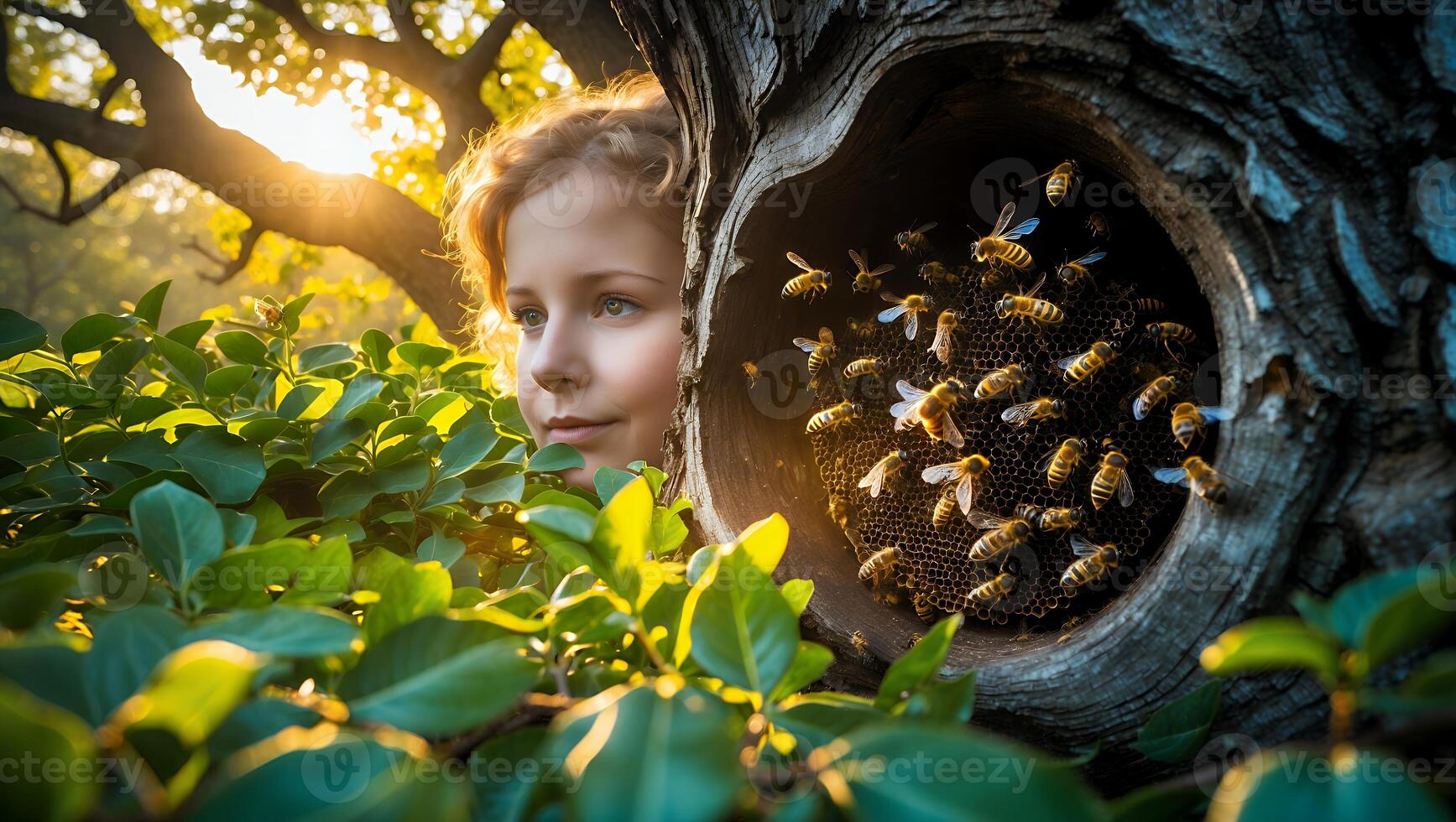 Child Observing Bees Nest in Tree with Sunlight and Greenery photo