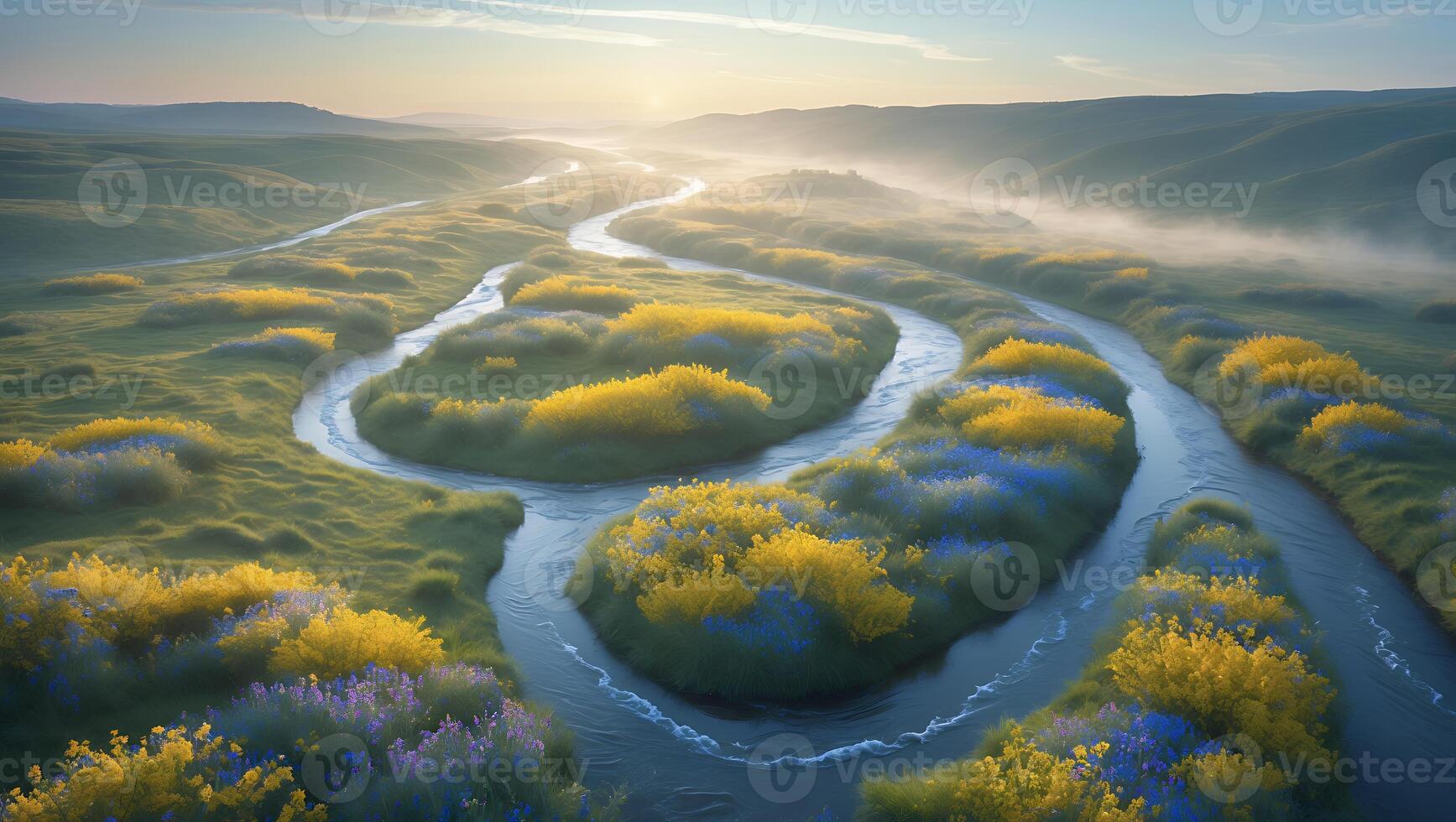 Winding River Through Meadow with Yellow and Blue Wildflowers at Sunrise photo