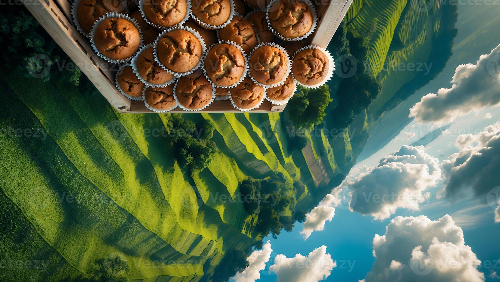 Muffins in Tray Above Green Hills and Cloudy Sky View photo
