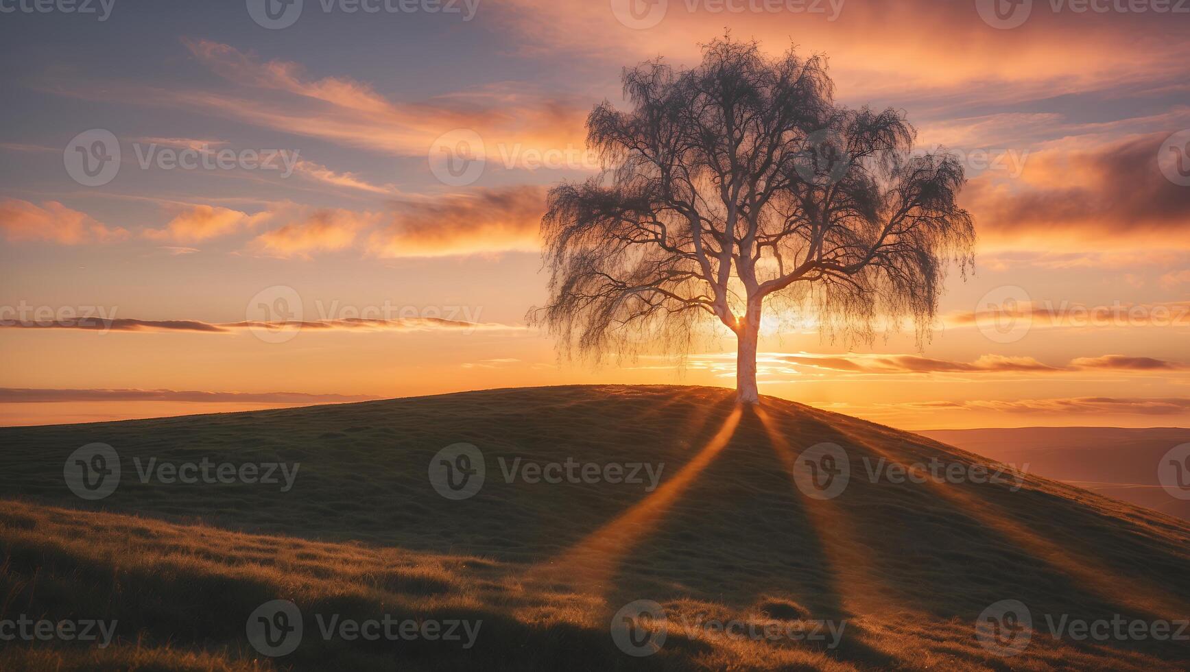 Lone Tree Silhouetted on Grassy Hill at Warm Sunset Creating Shadows photo