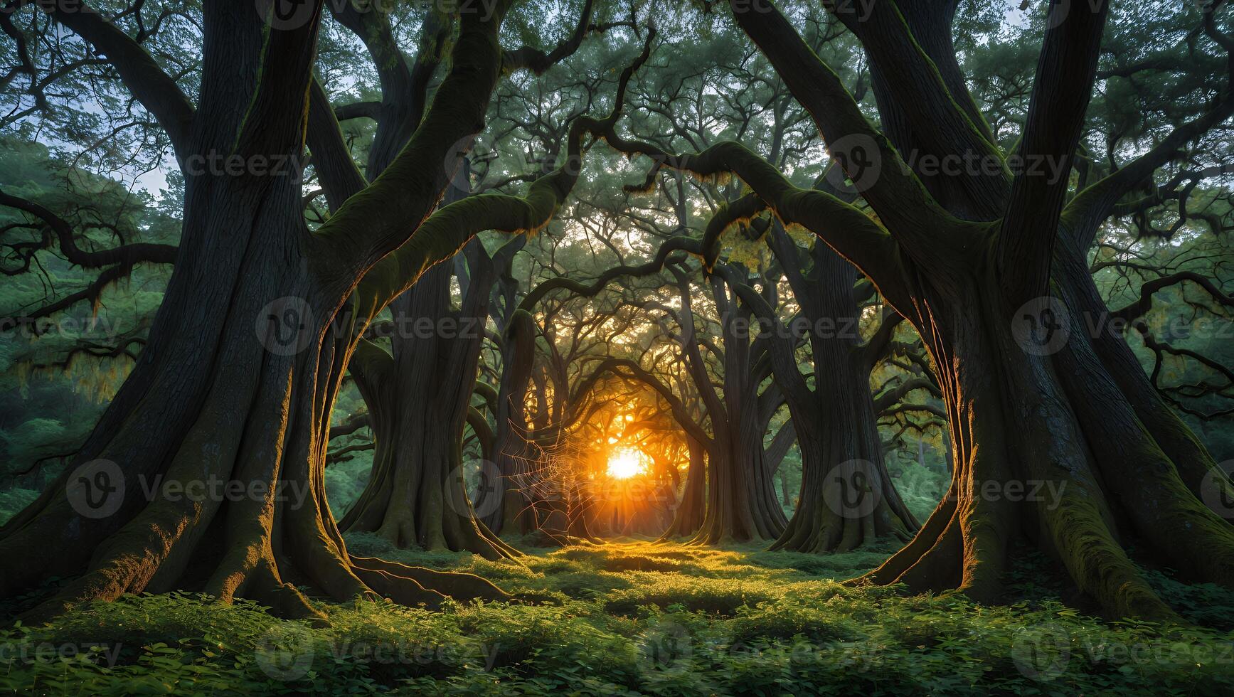Walking Path Through Forest of Ancient Trees at Sunset Light photo