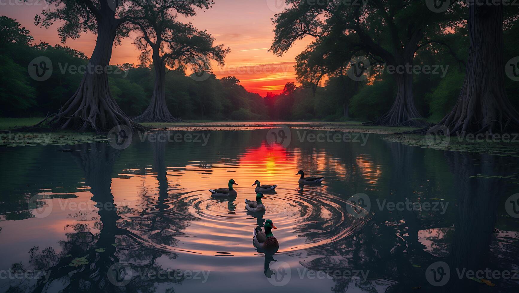 Ducks Swimming in Calm Lake at Sunset with Tree Reflections photo