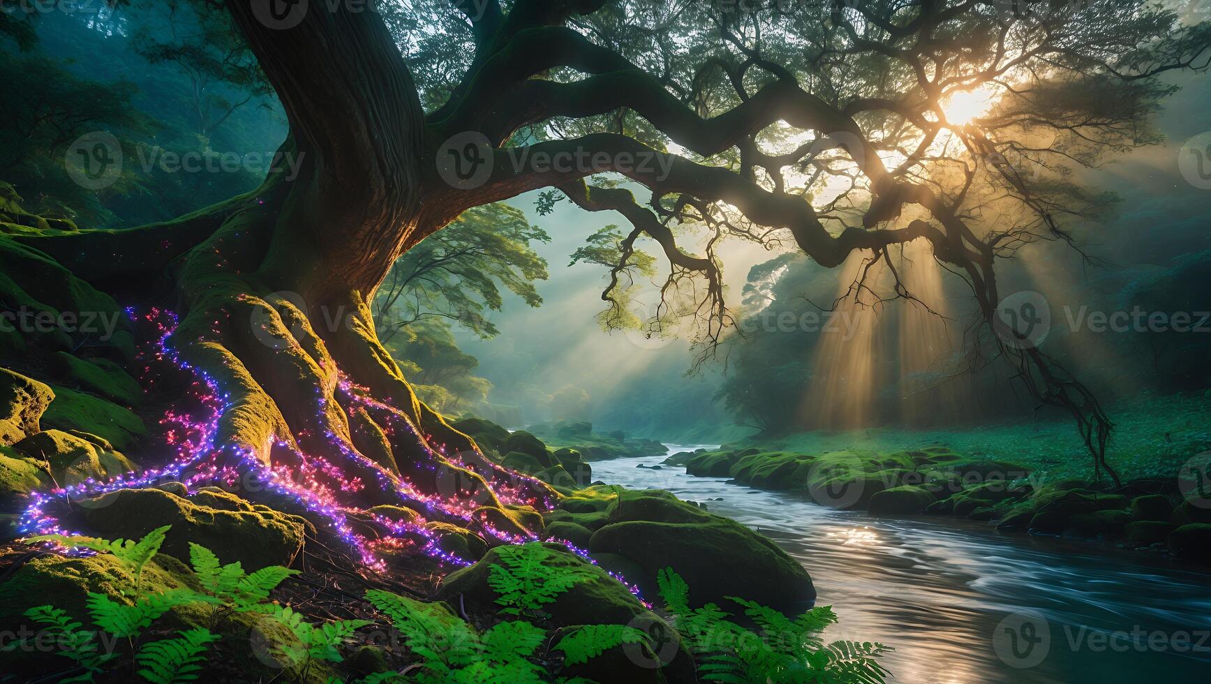 Magical Tree Roots with Glowing Lights Beside Flowing Forest Stream photo
