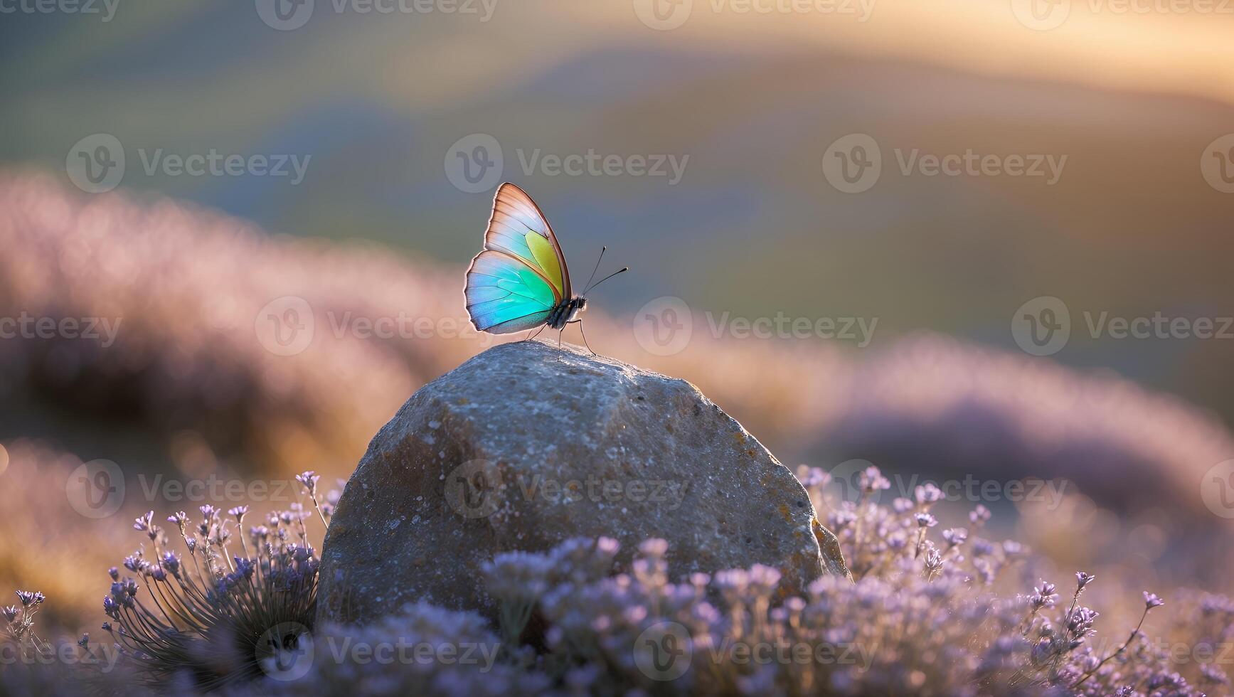 Butterfly Resting on Stone in Lavender Field at Sunset photo