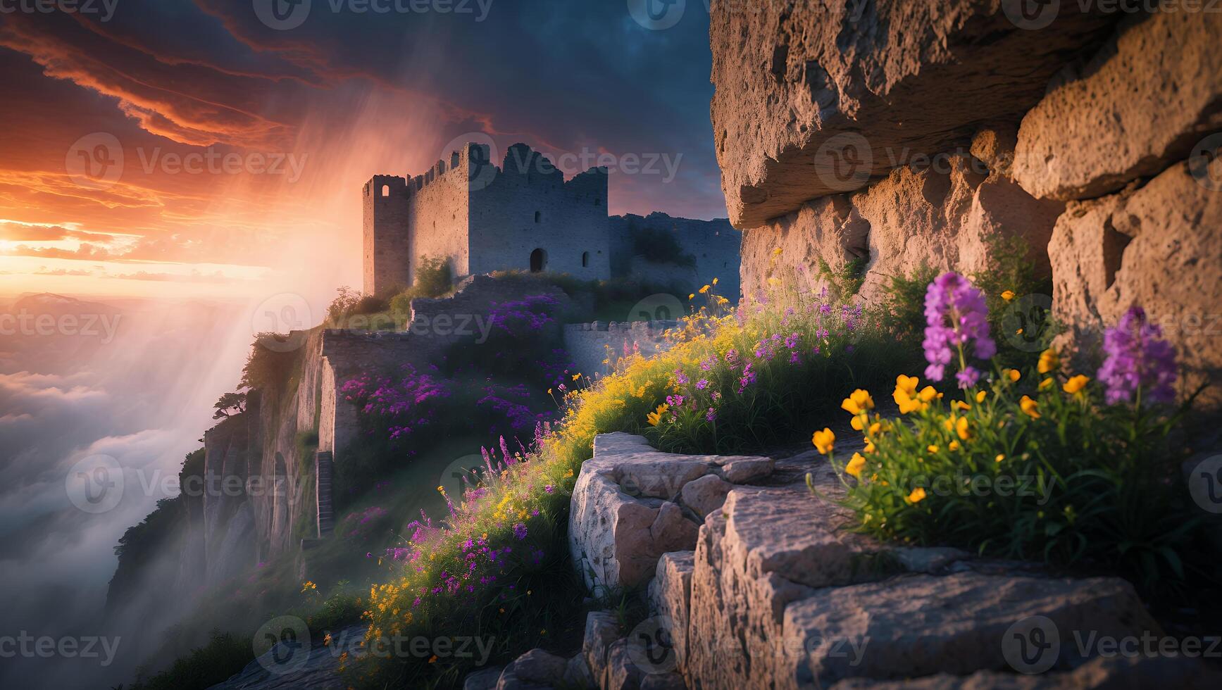 Ancient Castle Perched High Above Clouds with Wildflower Landscape View photo