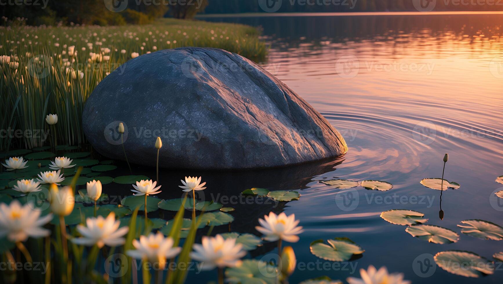 Rock in Pond Water with Lily Pads and Calm Sunset Light photo