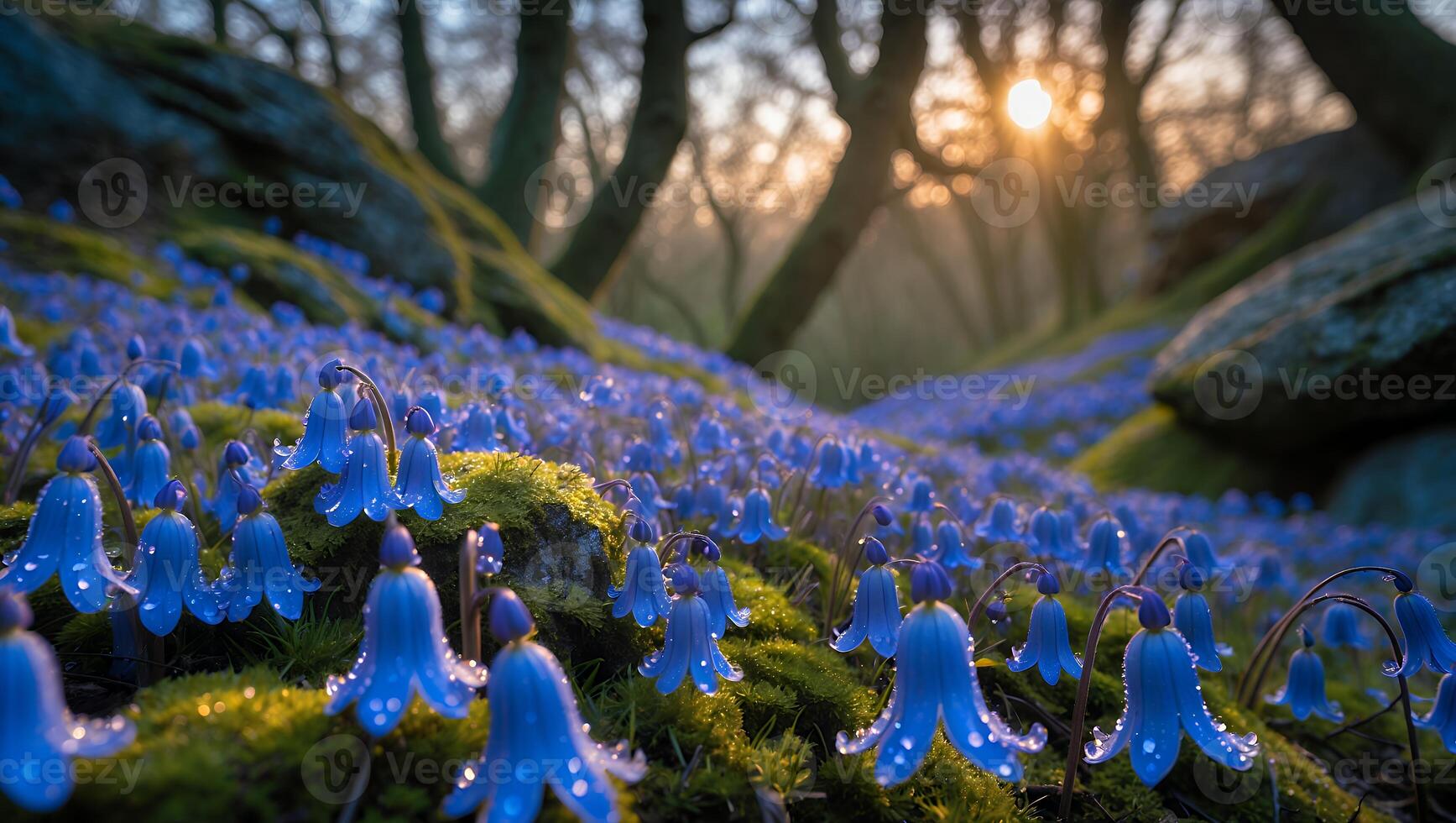 Blooming Bluebells Cover Mossy Forest Floor with Soft Golden Light photo