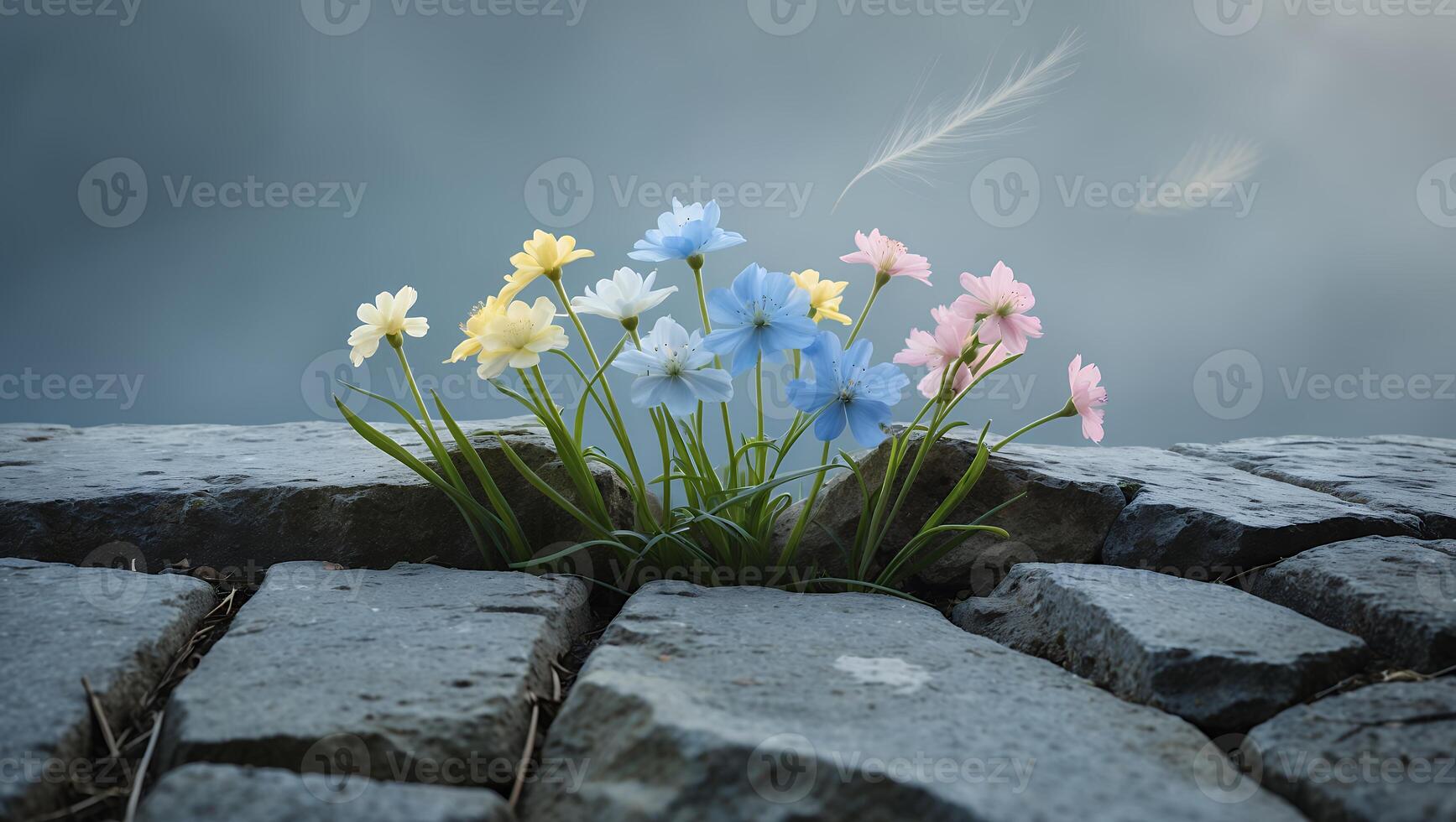 Wildflowers Growing on Stone Wall with Feathers Floating in Air photo