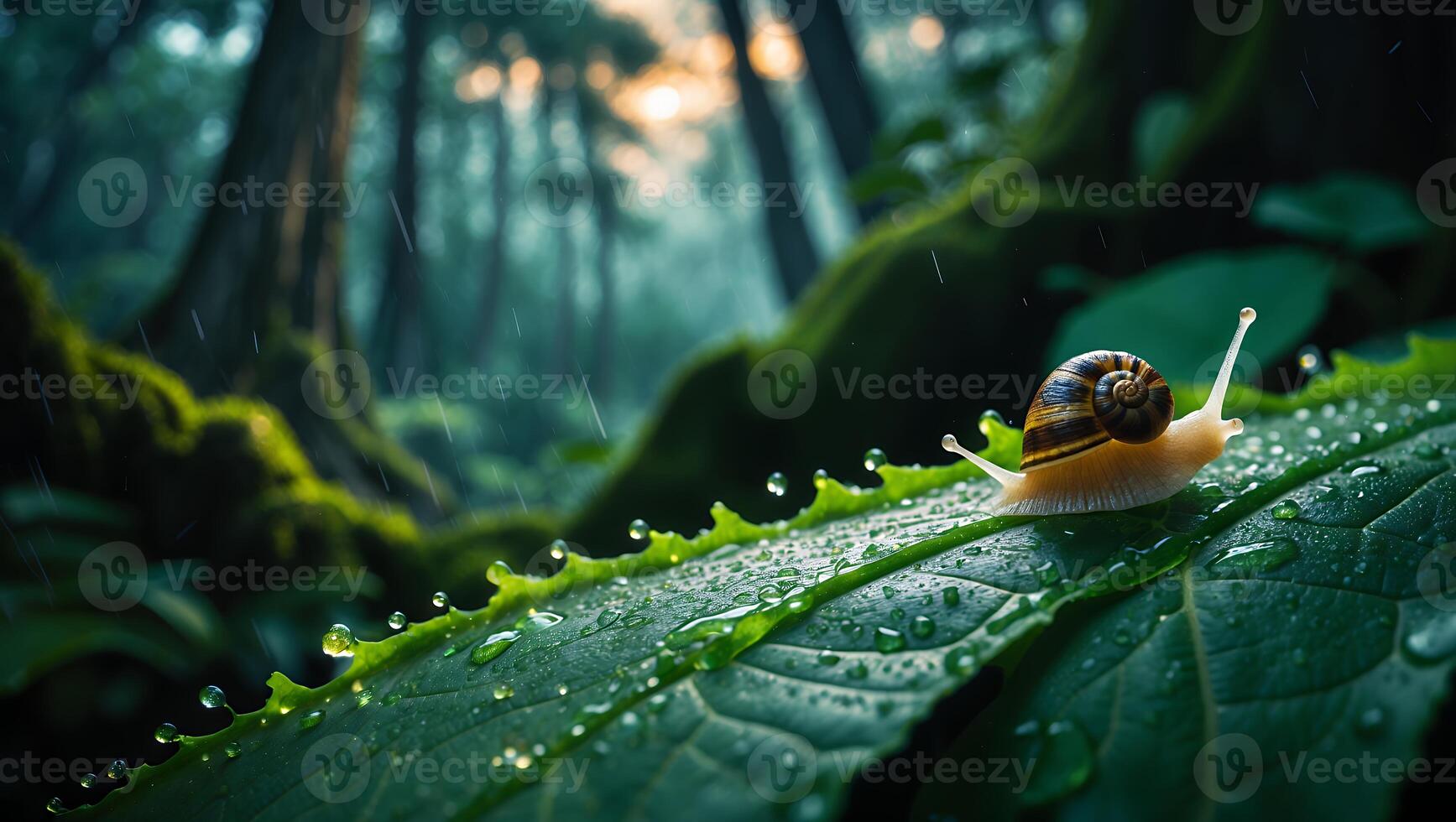 Snail Crawling on Wet Leaf in Lush Green Forest During Rain photo