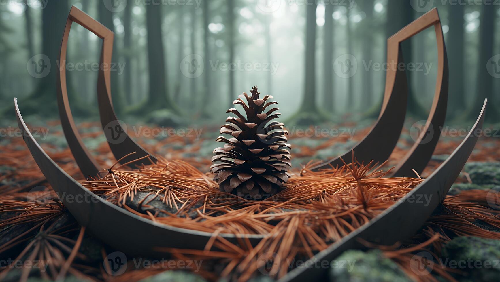 Pinecone in Forest Setting with Metallic Frame and Fallen Needles photo