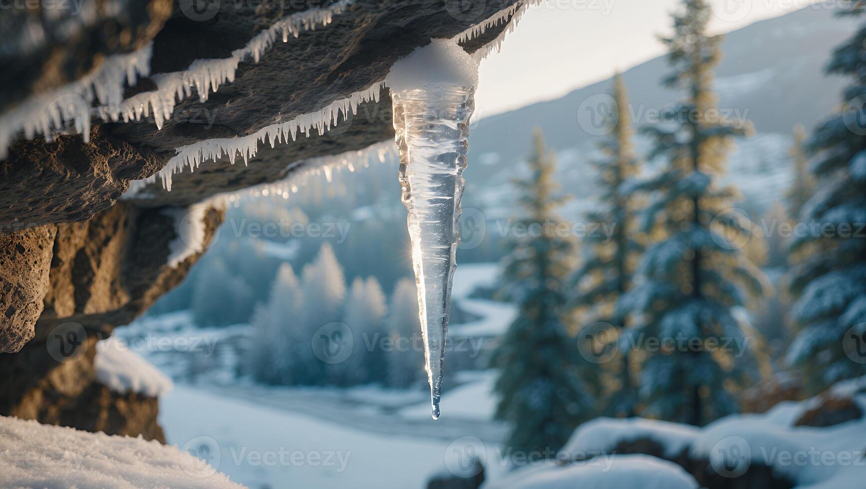 Icicle Hanging From Rock Formation in Snowy Winter Landscape photo
