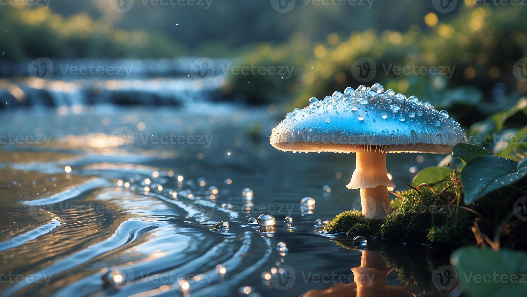Mushroom with Dewdrops in Forest Stream Creates Tranquil Nature Scene photo