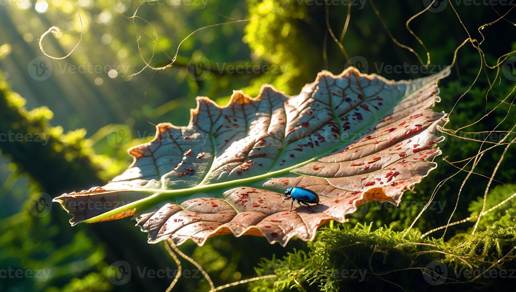 Blue Beetle Walking on Leaf in Mossy Forest with Sun Rays photo