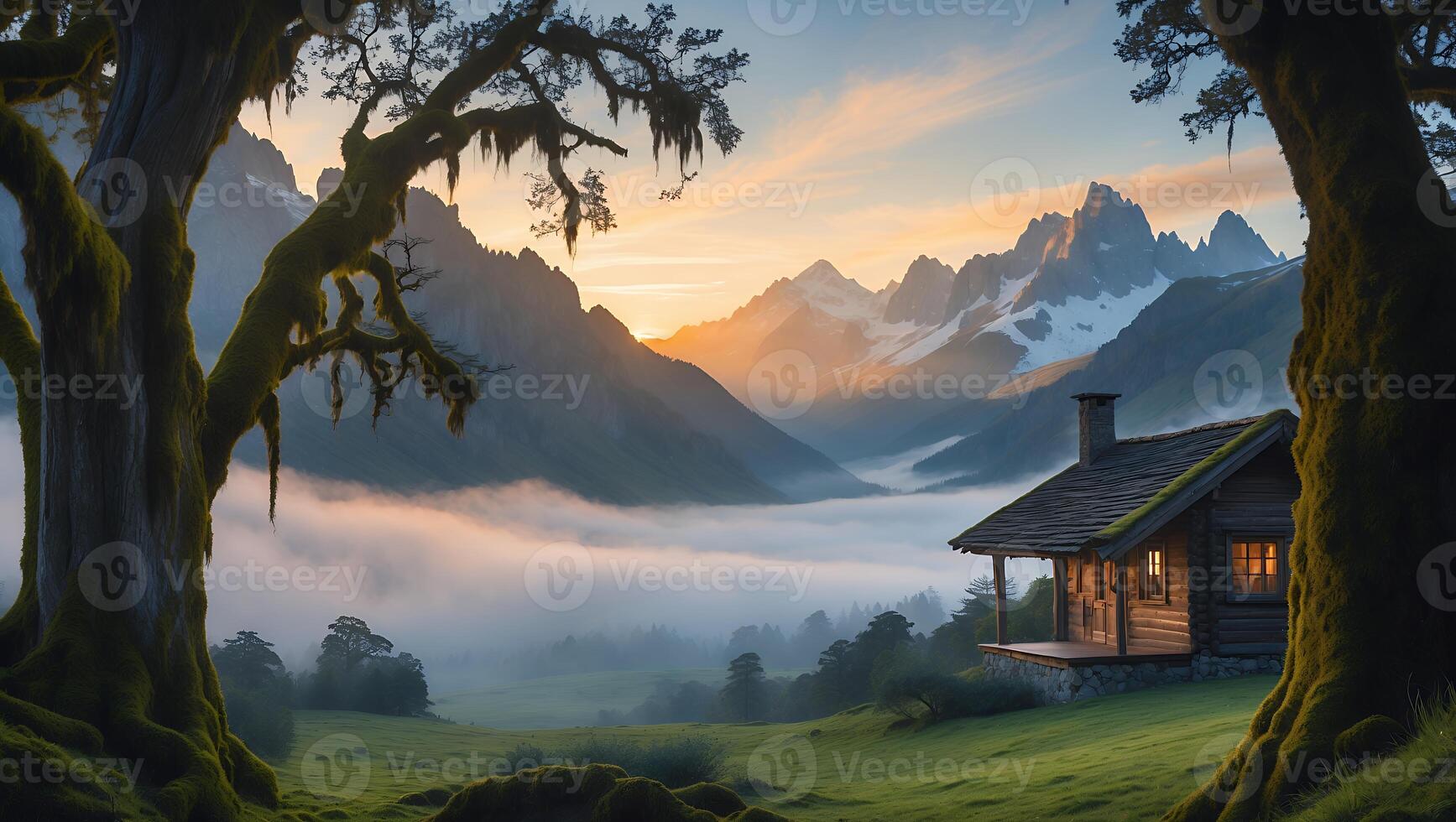 Cabin in Mountain Valley with Foggy Landscape and Warm Light photo