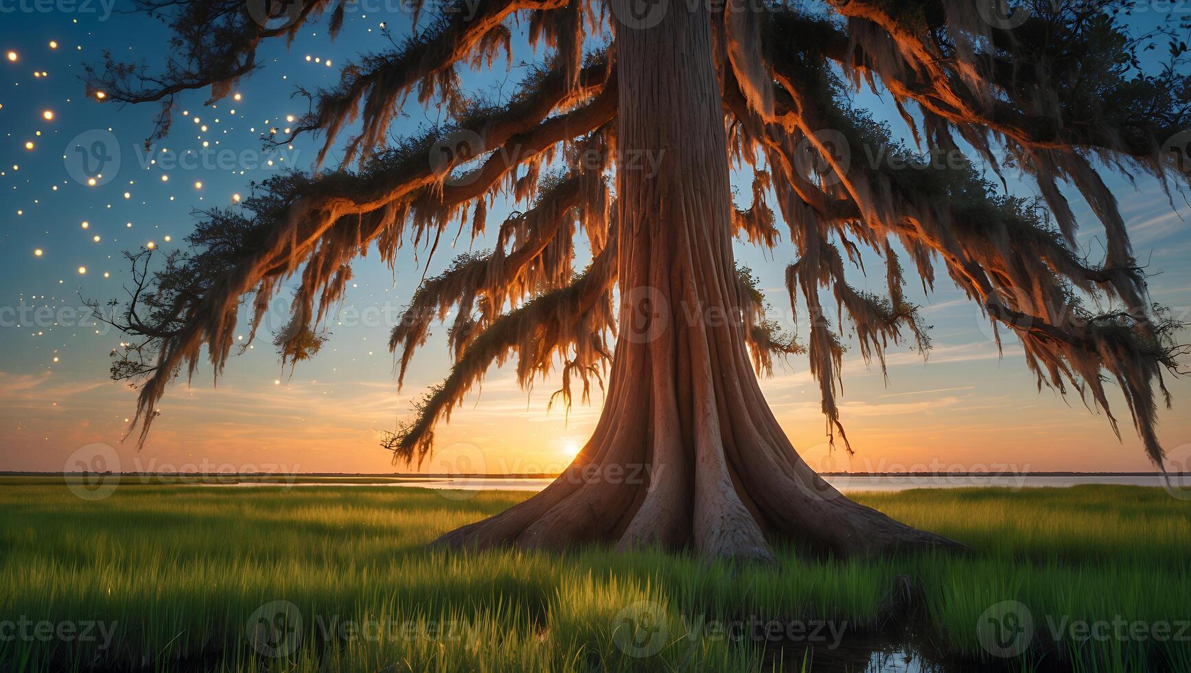 Majestic Tree with Spanish Moss at Sunset Over Grassy Marsh photo