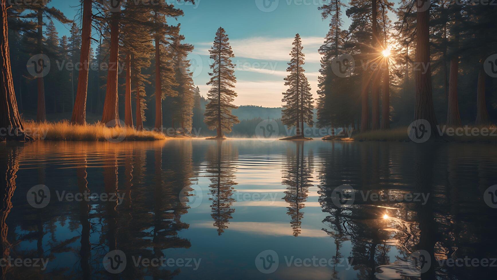 Lake at Sunrise with Tall Trees and Calm Water Reflection Scenery photo