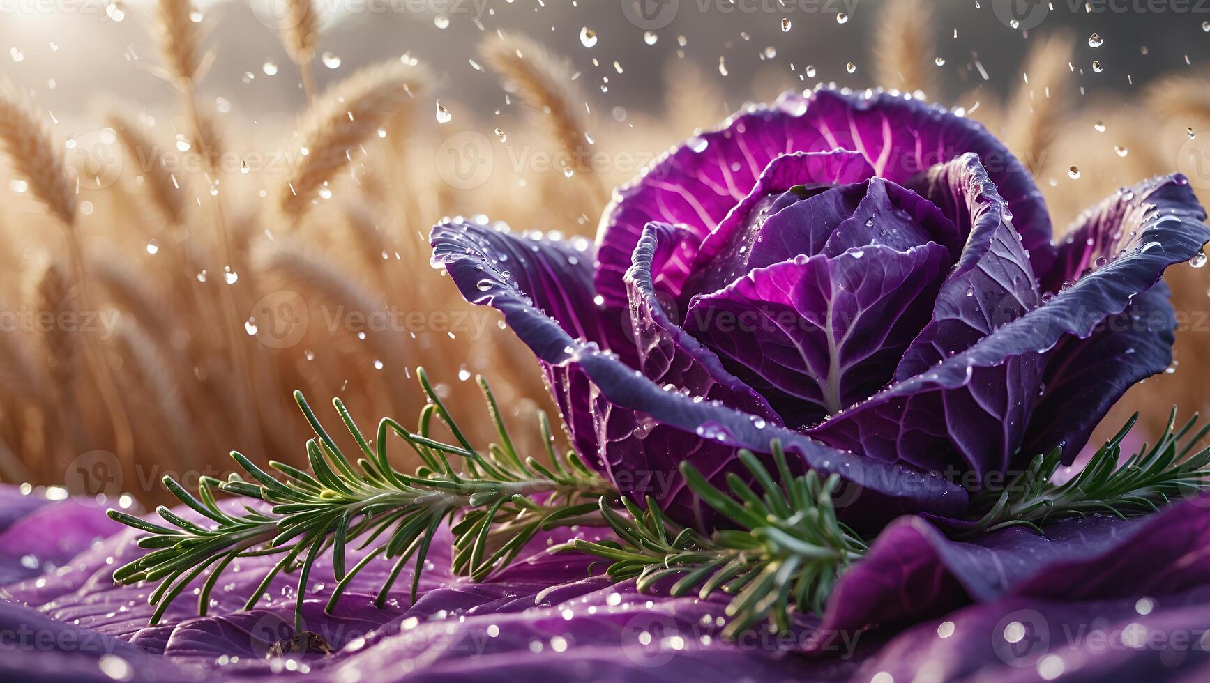 Wet Red Cabbage with Rosemary Sprig in a Wheat Field photo