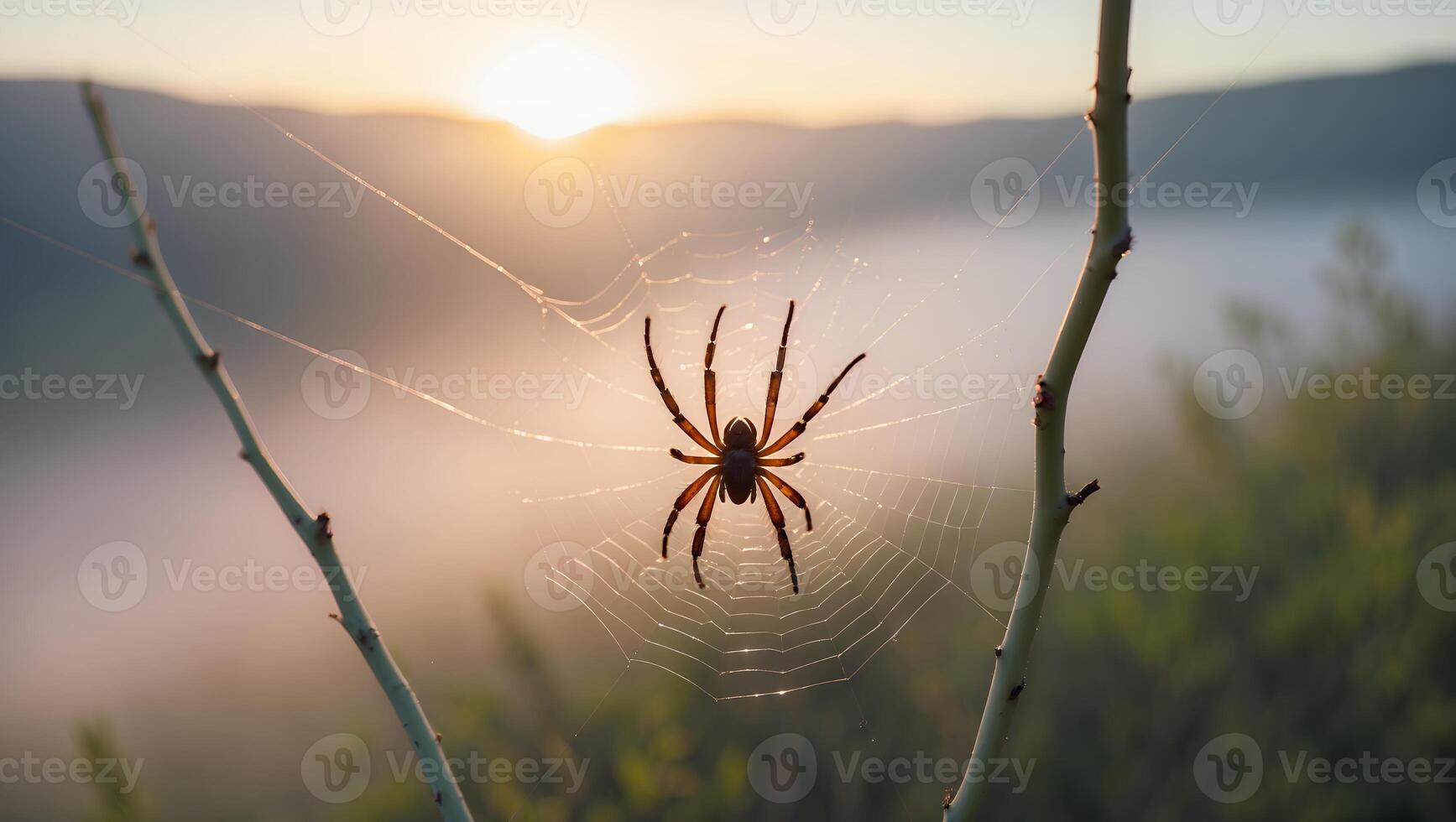 Spider Weaving Web at Dawn in Nature Background with Golden Light photo