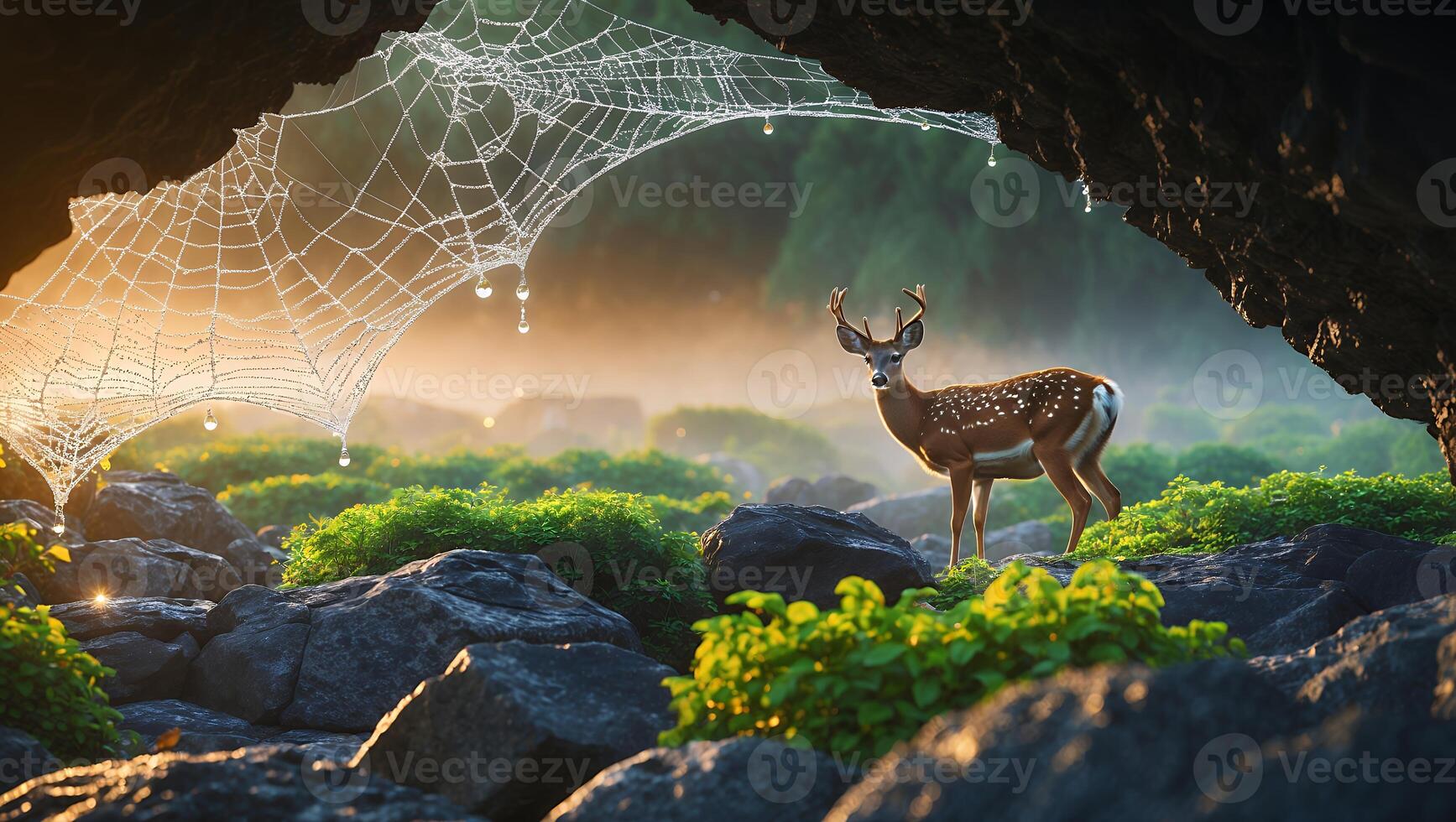 Deer Standing in Foggy Landscape with Dew Covered Spiderweb Nature photo