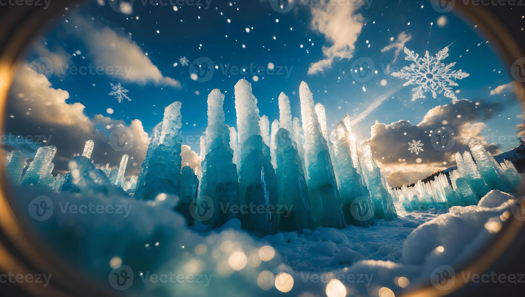 Icy Formations Stand Tall Under a Snowy Sky with Clouds photo
