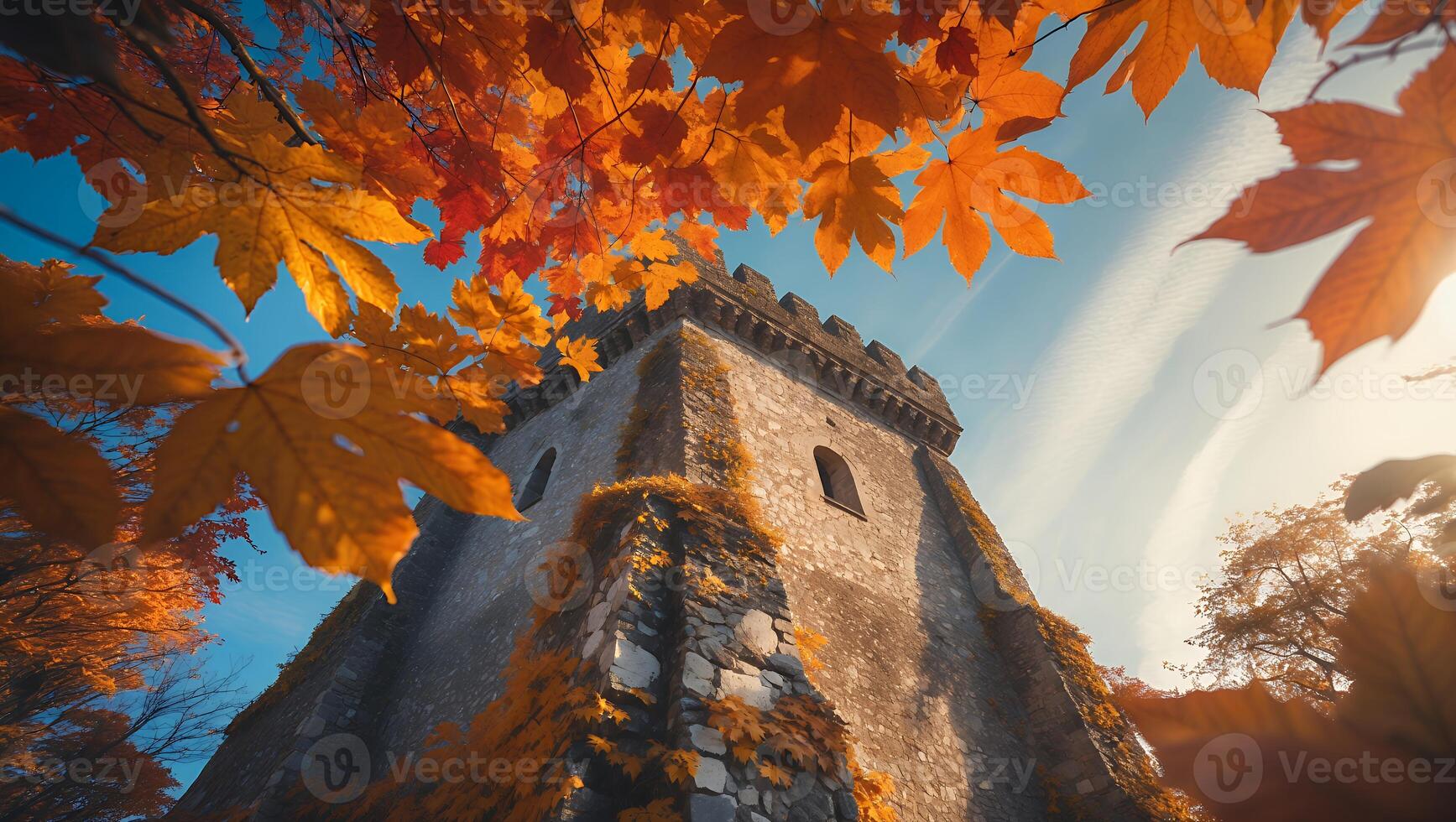 Stone Tower Ascending Amidst Autumn Foliage Against a Bright Blue Sky photo